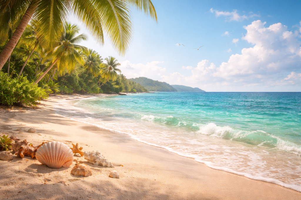 Tropical Brazilian beach with ocean waves, seashell and palm trees-Seashell Perfumes.